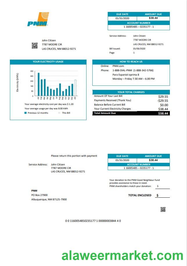 USA New Mexico PNM easy fillable utility bill template in Word and PDF format (.doc and .pdf)